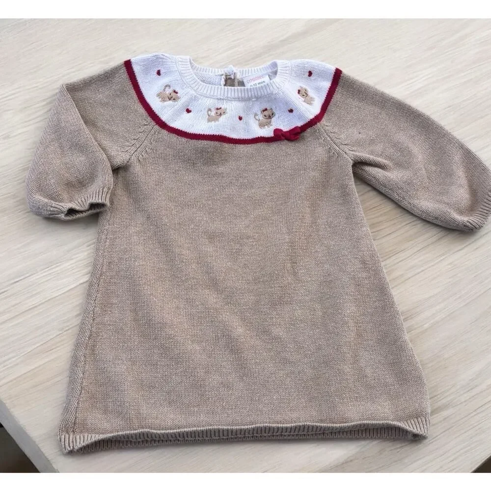 Gymboree Toddler Girls Kitty Cat Heart Sweater dress Tan 6-12mo Bow